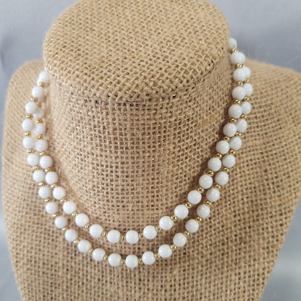 Monet Vintage White Beaded Necklace Gold Tone Accents MCM Long Strand 28‎ Inch